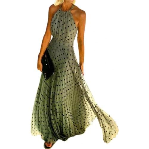 New Ladies Mesh Halter Sweet O Neck Sleeveless Dress Elegant Sexy Wide Hem Polka Dot Printing Dress for Banquet Party Vestidos