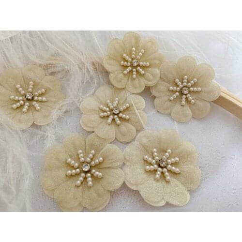 10 pcs Champagne 3D Flowers Applique Heavy Bead Petals With Rhinestone