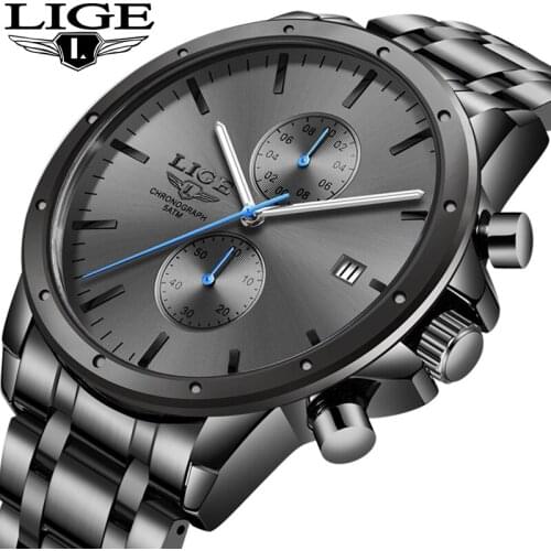 LIGE 2020 New Watches Mens Stailess Steel Black Clock Male Waterproof Sport Quartz Watch Top Brand Luxury Wrist Watch For Men