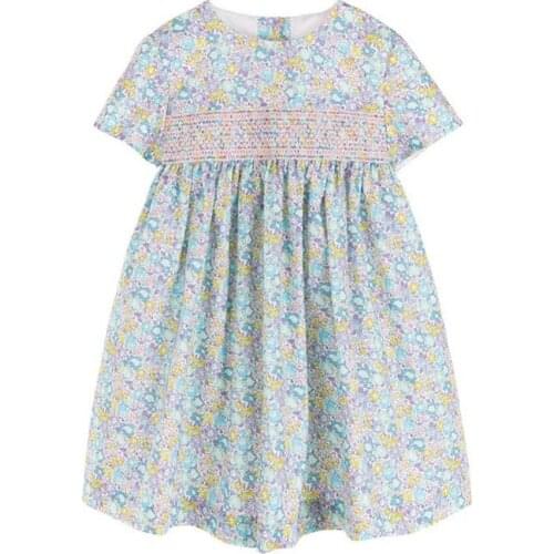 Baby girl summer Smocked Floral printed Dress Vintage Kids short sleeve cotton birthday party princess dress