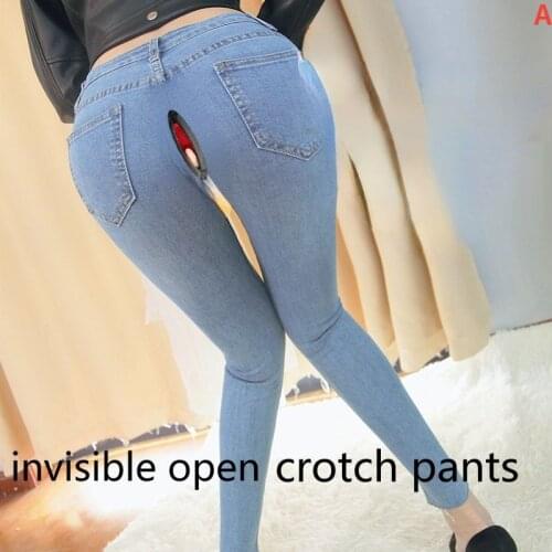 Spring and Summer Full Zipper Pants Open Crotch Jeans Female Outdoor Couples Work Pants Outdoor Invisible Zipper Open Tights