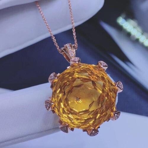 H609 Fine Jewelry Collection Brazil Origin Real 18K Rose Gold 100% Natural Yellow Citrine 20.5ct Gemstone Pendant Necklace