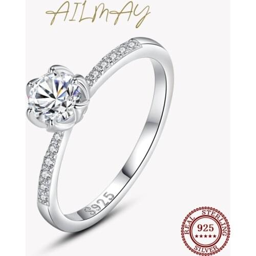 Ailmay Sparkling Round CZ Rings 925 Sterling Silver Classic Clear Zircon Finger Ring For Women Fine Jewelry Valentines Day GIFT