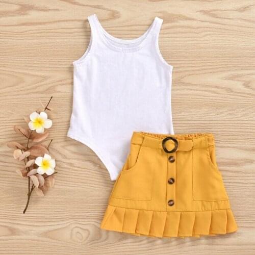 2PCS Toddler Baby Girls Outfit Solid Button Tops Vest Skirt Clothes Set
