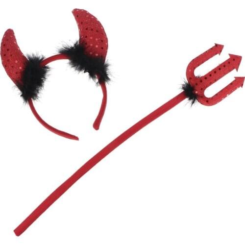 Red Sequin Devil Set Headband Horns Trident Fork For Halloween