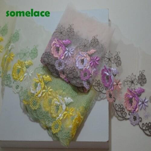 2Yds 11cm Wide Yellow Green Mixed~Pink Color Mixed Floral Embroidery Lace Trim For Garments And Wedding Decoration