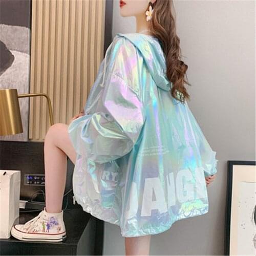 Loose Hooded Sunscreen Clothes Womens 2021 New Summer Wild Thin Coats Student Thin Zipper Jacket Colorful Tide Mermaid white384