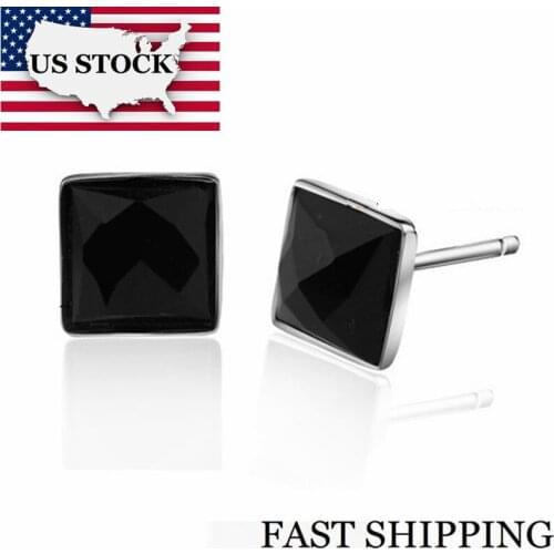 US STOCK Square Black Stud Earrings for Men Silver Color Jewelry Women Earings Cubic Zirconia Earring Vintage Uloveido JS1012