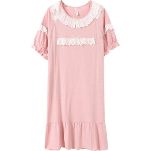 Summer New Pink Cotton Nightgown Womens Sweet Lace Ruffles Trim Princess Night Dress Casual O-Neck Sleepwear Comfort Nightwear
