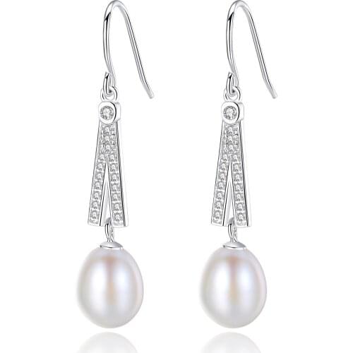 MetJakt S925 Sterling Silver Freshwater Pearl Micro Inlaid 3A Zircon Fashion Womens Ear Pendant