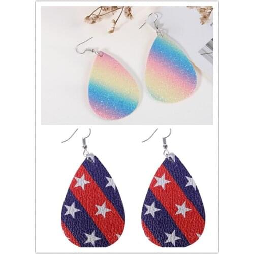 Fashion Rainbow print//Americans flag style Tear-drop pu leather earrings jewelry big size womens drop earring 5x3.5cm y1507