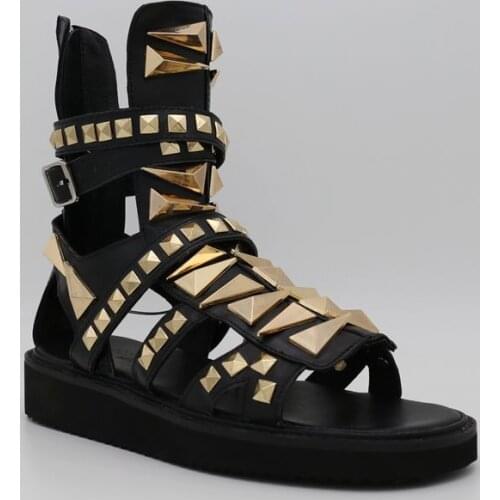 Mens Gladiators Rivets Genuine Leather High Top Roman Sandals Open Toe Beach Shoes Platform Summer Gold Metal Plus Size