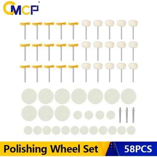 CMCP Polishing Wheel Set 58PCS Polishing Disc Pads 3mm Shank Wool Felt Grinding Polishing Buffing Wheels for Dremel Rotary Tools