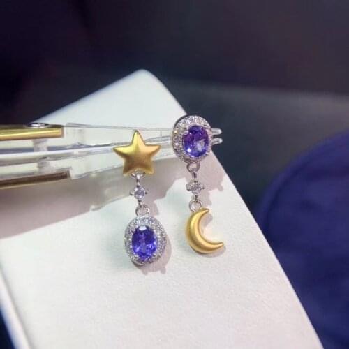 New Natural Tanzanite Earrings 925 Silver Two-tone Electroplating Star Moon Earrings