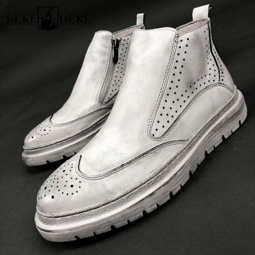 Luxury Winter Vintage Brogue Shoes Men White Platform Ankle Boots High Quality Party Business British Style Zip Chelsea Boots