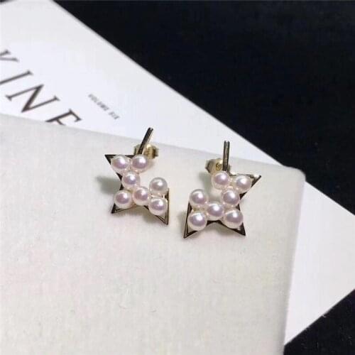 New fashion natural Freshwater white pearls 3-4MM pentagram Tibetan silver earring