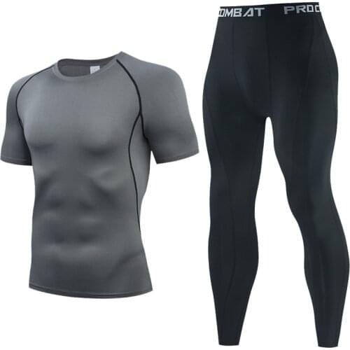 Gray Mens Gym Clothing Short Running Man Compression tights perspiration Track suit Gym Man black T shirt Sport Pants S-XXXL