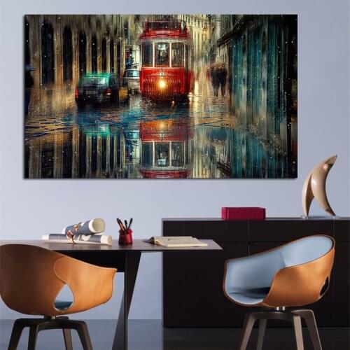 Modern Picture The Lisbon City Paintings Red Bus Rainy Street Print Canvas Oil Painting Wall Pictures for Living Room Frameless