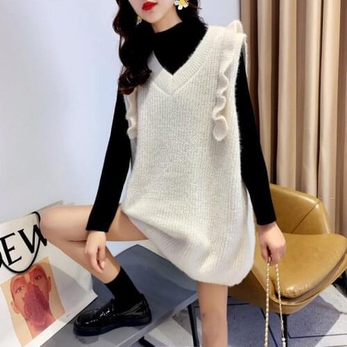 Sweater vest women 2021 fashion new Korean version loose mid-length hedging sleeveless solid color knitted ladies vest leisure