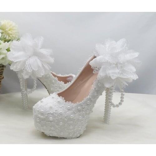 BaoYaFang 2021 New Arrival White Flower women Bridal wedding shoes High heels Round Toe party dress shoe Woman High Pumps
