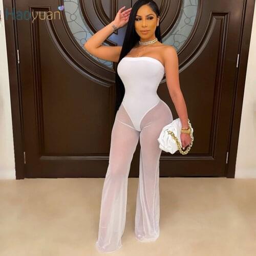 HAOYUAN Sexy Mesh Sheer Bodycon Jumpsuit Birthday Outfits for Women Off Shoulder Summer Clothes One Piece Night Clubwear Rompers