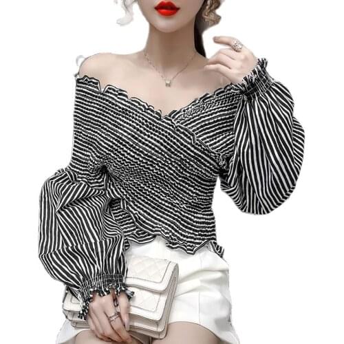 2021 Women Crop Tops Sexy Off Shoulder Slash Neck Women Blouse Ruffle Lace Up lantern Sleeve White Crop Top Women Short blusas