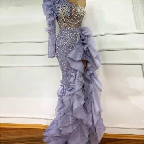 Sexy One Shoulder High Split Mermaid Prom Dresses Long Sleeves Heavy Crystal Beads Chic Evening Dress Ruffles Formal Party Gowns