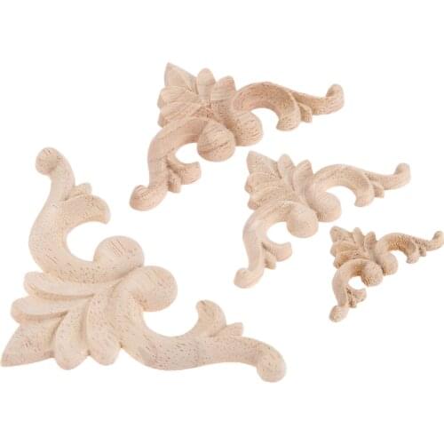 4pcs Unpainted Wood Carved Corner Onlay Applique Frame Background Wall Home Furniture Door Decor Craft 4/6/8/9.5cm Europe Flower