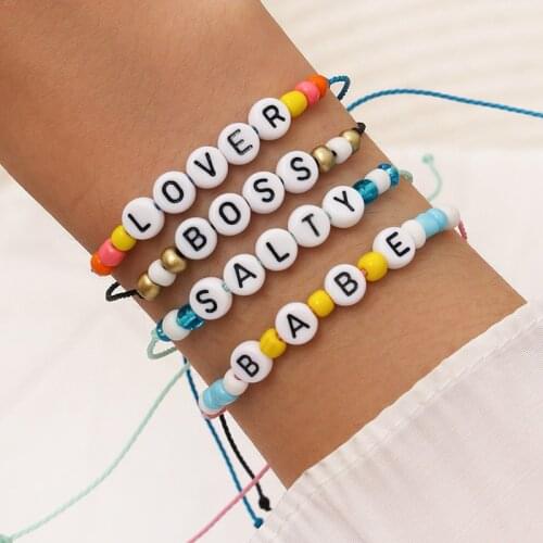 Aprilwell 6 PCs Boho Beads Rope Chain Letter Bracelet Sets For Women Charm Wrist Chain Armband Jewelry Gift E Girl Friend