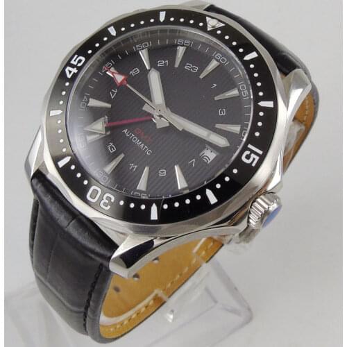 41mm Black Sterile Dial Ceramic Leather Mens Watch Automatic GMT Movement Sapphire Glass Date Window
