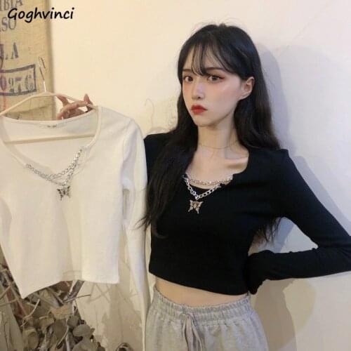 T-shirts Women Crop Top Chain Fashion Streetwear All-match Long Sleeve Autumn Spring Tshirt Sexy Vintage Slender Korean Style