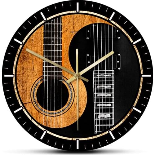 Yin Yang Guitar Bass Printed Wall Clock Acoustic Guitar Silent Non-ticking Wall Watch Music Studio Decor Musician Guitarist Gift