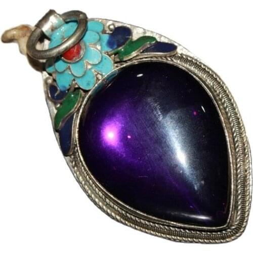 Chinese Old Craft Made Old Tibetan Silver Cloisonne Inlaid Green Jade Pendant