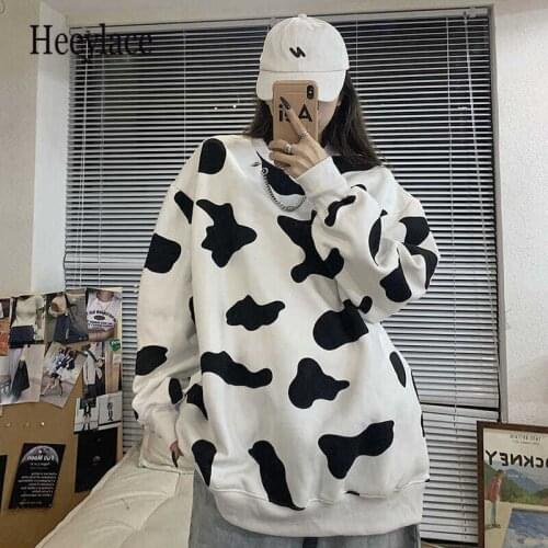 Cow Print Oversized Hoodies Women Kawaii Korean Fashion Sweatshirts Pulovers Kpop Long Sleeve Top Streetwear Clothes