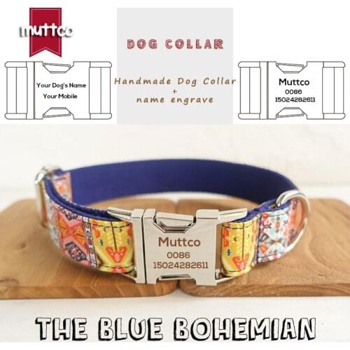 MUTTCO retailing handmade engraved metal buckle dog collar THE BLUE BOHEMIAN custom name dog collars and leashes 5 sizes UDC054