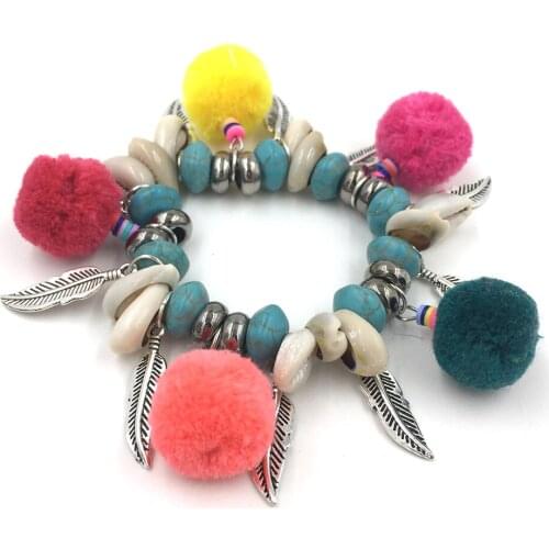 New Bohemian Boho Sea Beach Bracelets For Women Colorful Pompoms Tassel Charm Bracelet natural Stone Beaded Bangle Bracelets