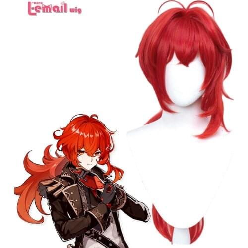 L-email wig Game Genshin Impact Diluc Cosplay Wigs Red Long Cosplay Wig Ponytail Wigs Heat Resistant Synthetic Hair Halloween