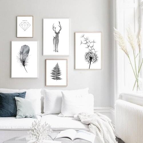 Scandinavian Poster Black White Deer Dandelion Nordic Style Wall Art Canvas Print Painting Decoration Picture Living Room Decor