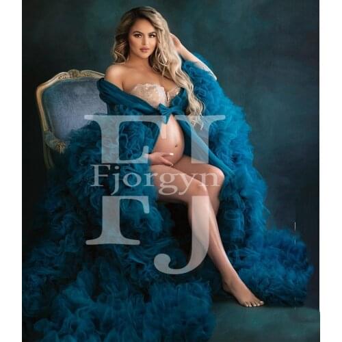 Peacock Blue Tulle Ruffled Maternity Dresses for Photoshoot 2021 Fashion Pregnancy Dress Bridal Gowns Womens Robes Customized