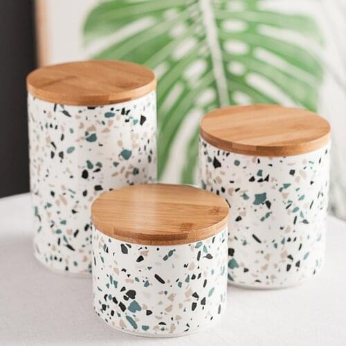 Simple Ceramic Food Sealed Jar To Wooden Lid Simple Kitchen Storage Storage Tea Milk Powder Coffee Beans Snack Candy Jar 1750ml