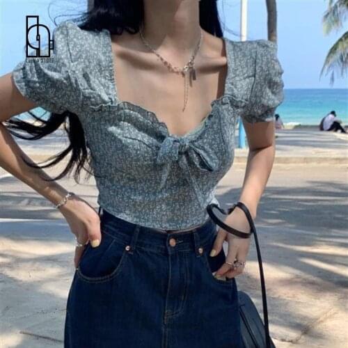 Summer Vintage Floral Blouse Tops Women Beach V-Neck Sexy Casual Sweet Y2k Blouse Shirt French Slim Short Sleeve Elegant Tops