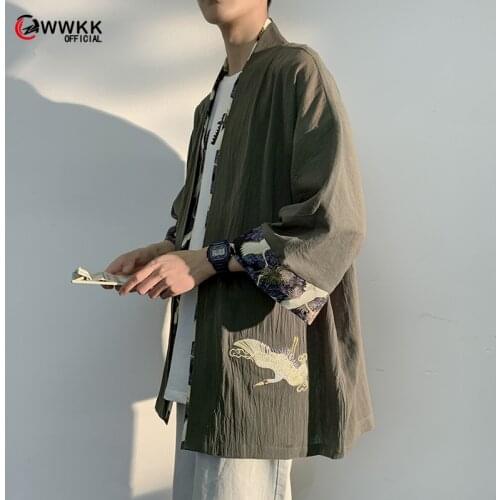 Vintage solid printing Men Shirt Long Sleeve Kimono Open Stitch Outerwear Loose Pockets 2021 Streetwear Cardigan Long Shirts Men