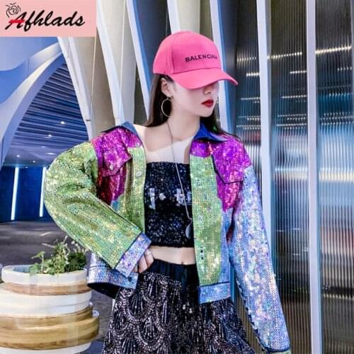 2019 Autumn And Winter Sequins Denim Jacket Women Clothing Female Hip Hop Loose Womens Turn-Down Collar Hole Jacket Coats