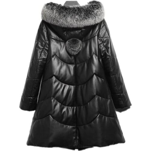 Geniune Leather Jacket Women Sheepskin Leather Fox Fur Collar Down Coat Winter Autumn Warm Plus Size FD117 MF517