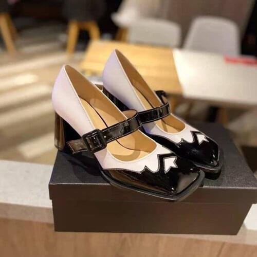 Womens shoes square toe color matching small leather shoes, female Mary Jane shoes, new word with thick heel single shoes