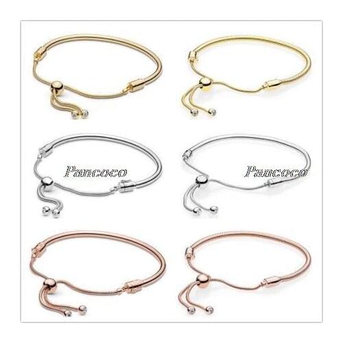 Authentic 925 Sterling Silver Rose Gold Moments Sliding Clasp Adjust Bangle Bracelet Fit Women Bead Charm Pandora Jewelry