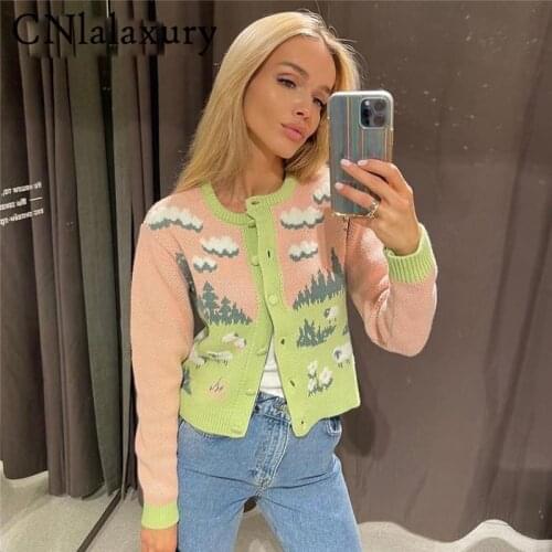 2021 New Autumn Winter Za Cartoon Sheep Sweater Cardigan Women Casual V-neck Knitted Sweaters Women Single Breasted Jumper Coat