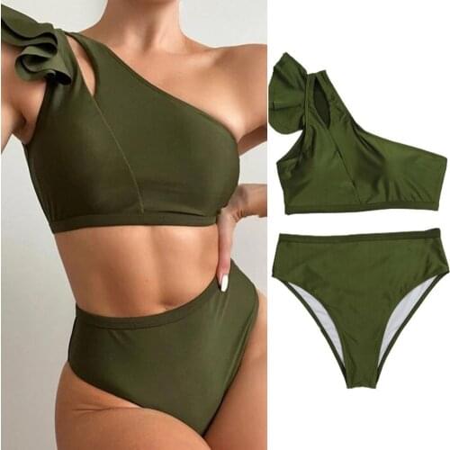Women One Shoulder Hot Sexy High Waist Two-piece Ruffle Hollow Out Bandeau Army Green Bra Briefs Swimsuit Bikini Bathing Suit