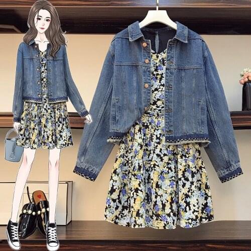 Large womens 2021 spring dress new fat sister mm fashion thin floral dress denim jacket two piece set