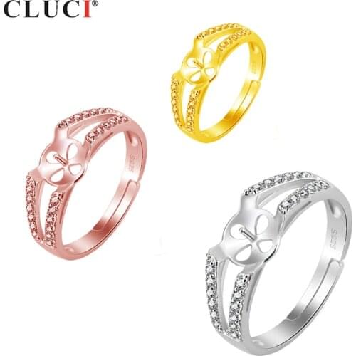 CLUCI 925 Sterling Silver Hollow Rings for Women Silver 925 Pearl Ring Mounting Adjustable Zircon Wedding Ring Jewelry SR2152SB